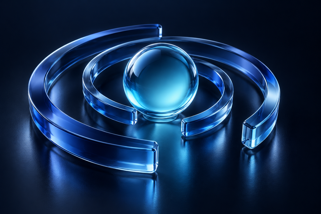 Anéis de cristal azul convergindo ao redor de uma esfera ciano luminosa