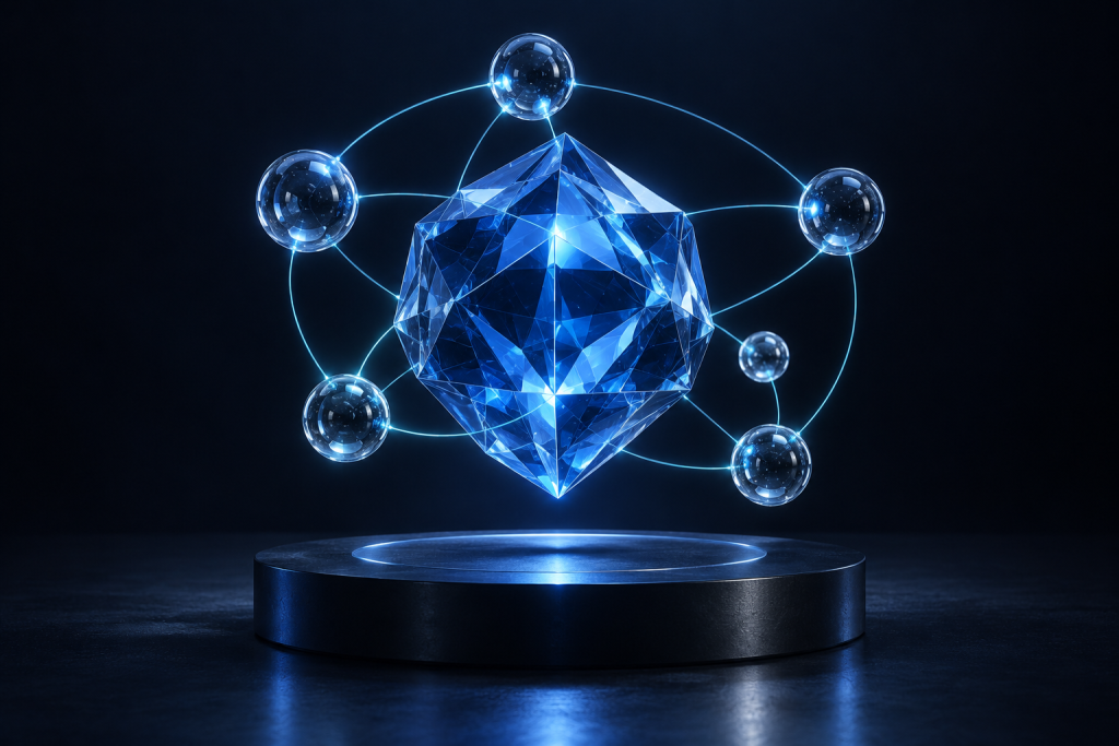 Núcleo de cristal azul conectado a uma rede de pequenos nós luminosos