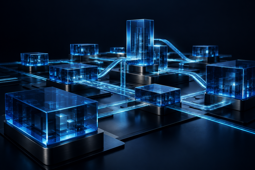 Módulos de cristal azul conectados por caminhos luminosos, representando processos integrados